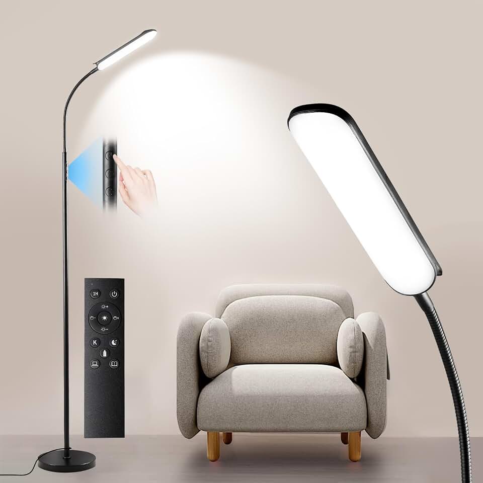 Yikuneng Dimmable LED Floor Lamp, Super Bright Reading Lamps Floor Standing lamp with Remote &amp; Touch Control, Stepless Dimming &amp; 2700K-6500K Color Temperature, for Living Room Bedroom Office, Black