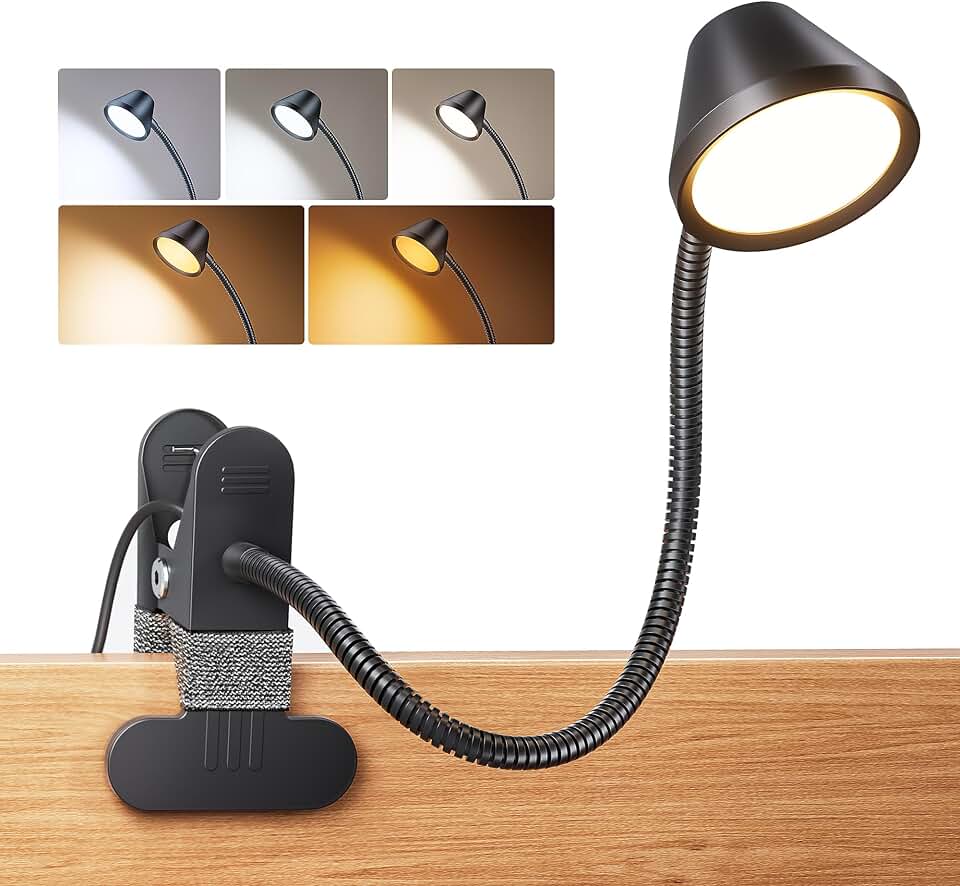 LEPOWER Clip on Light, Reading Lights for Books in Bed, 400LM, RG0 Eye-Care | 5 Colors &amp; Stepless Dimming, Amber Glow Light &amp; Auto Timer, Up to 2.3" Strong Clamp with Adapter for Headboard, Bedside, Desk