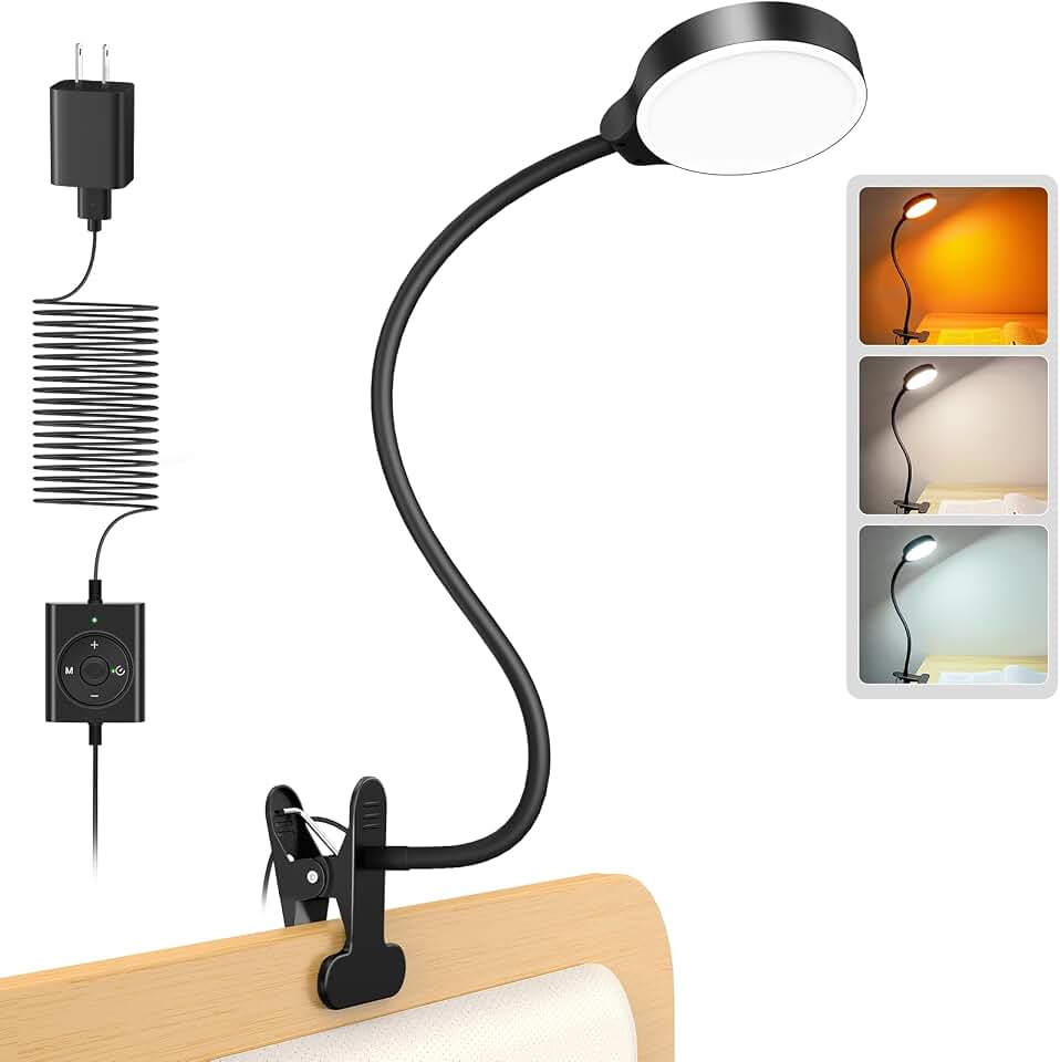 Glocusent 5W Clip on Light, 3 Colors &amp; 5 Brightness Reading Light for Bed | Flexible Gooseneck Clip on Lamp, 30-Min Timer, Reading Lamp, Perfect Desk Lamp for Dorm,Bunk,Bed,Headboard,Table,Work,Craft Global Recycled Standard