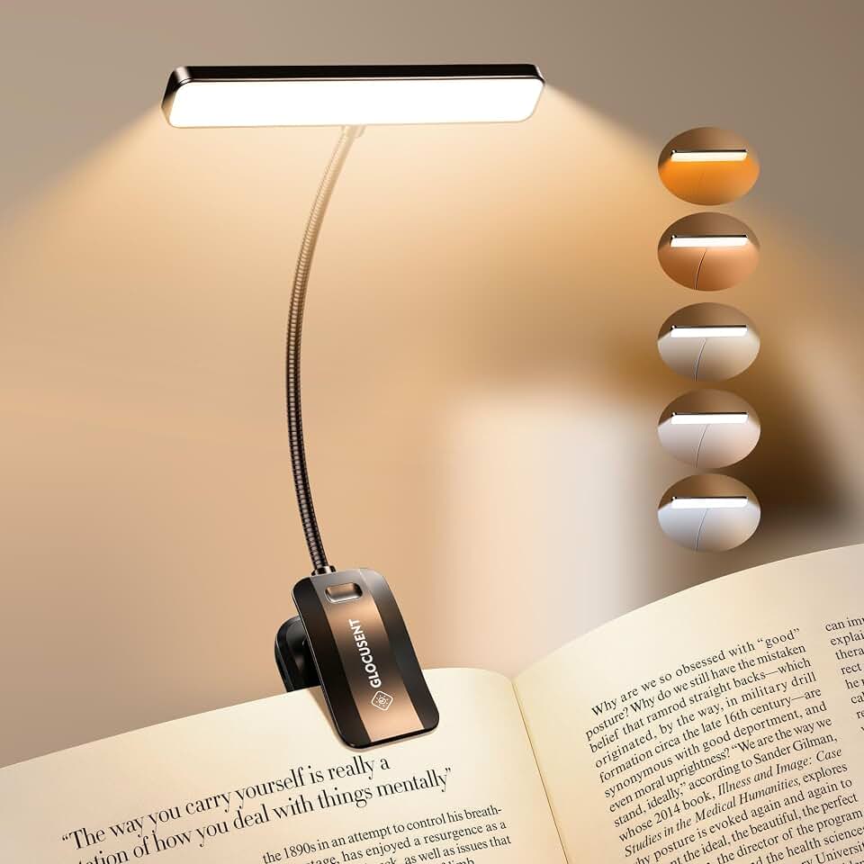Glocusent 26 LED Reading Lights for Books in Bed, Ideal Gifts for Reader | Rechargeable Book Light, Eye Caring 5 Amber Colors Stepless Dimming, Travel Lightweight Clip-on, Book Lovers Men Women Kids Global Recycled Standard