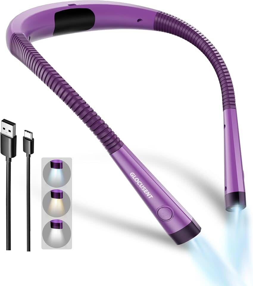 Glocusent Reading Light,LED Neck Light,80-hr Rechargeable Book Light | 3-Color&amp;6-Brightness,USB-C,Purple Neck Reading Light,Women, Knitting,Repairing,Crafting,Crochet,Christmas,Book Lovers Gifts Global Recycled Standard