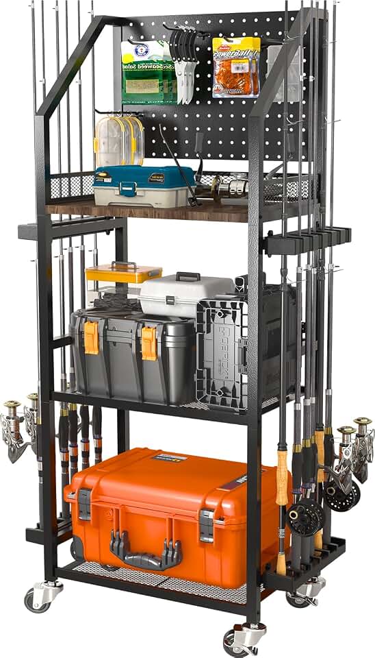 SOYEEZE Fishing Rod Holders for Garage, Fishing Pole Holders Up to 12 Rods with Pegboard and Hooks,Rolling Fishing Cart with Wheels, Fishing Gear Storage For Tackle Box &amp; Reel Organization-6 Hooks