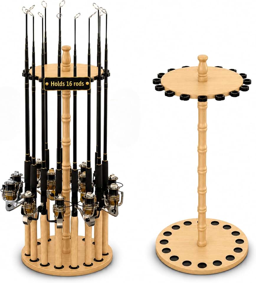 Rush Creek Creations 16-Rod Round Fishing Rod Holder for Garage, Tackle Box | 360 Access Fishing Pole Holder for Rods, Reels, Gear, Accessories, And Tackle Box, Securely Holds 16 Rods, Light Wood Grain