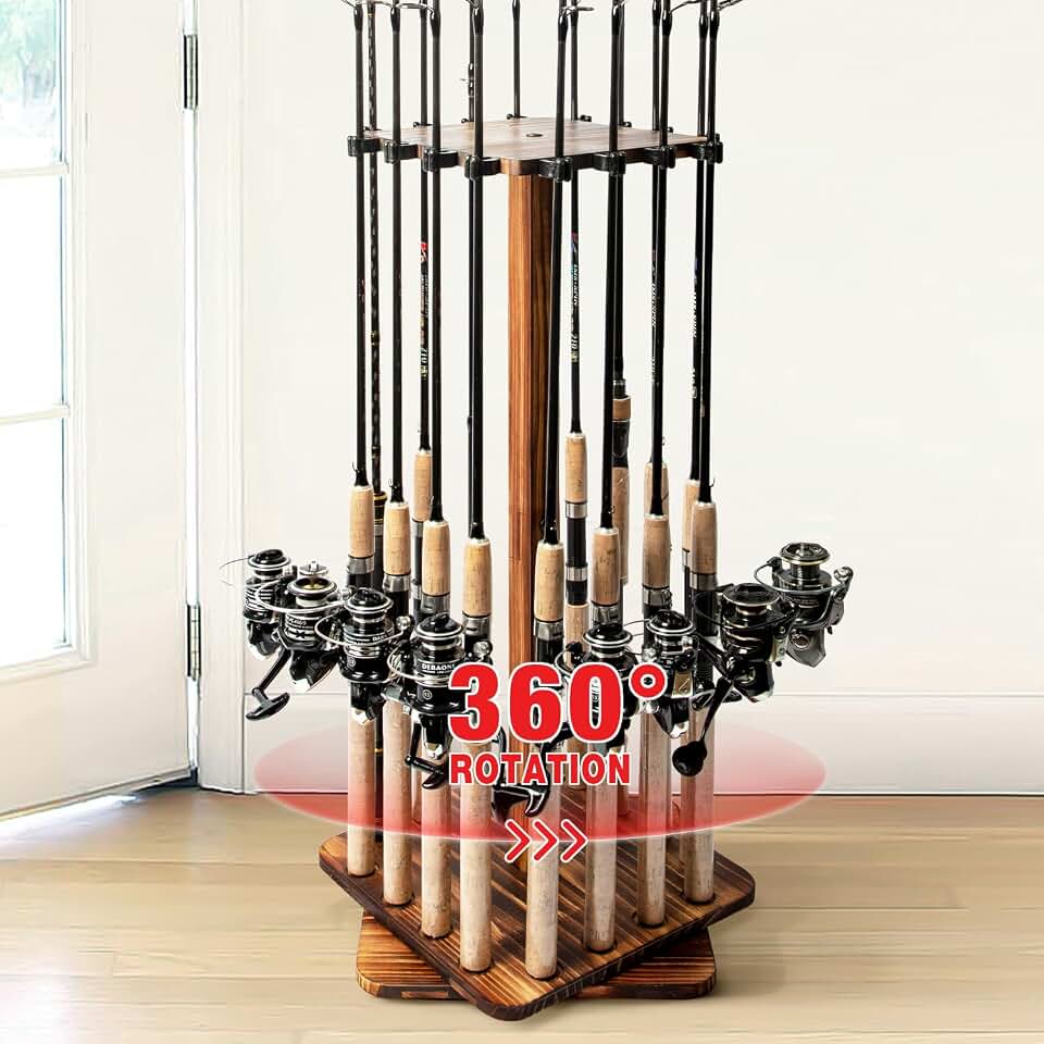 Ghosthorn Rotating Fishing Rod Holder for Garage,Wood Floor Stand Pole Rack | 360°Rotation Pole Rack Keeps 16 Rods Tidy,Durable Stable Easy Assembly Fishing Gear Storage Saveing Space for Garage &amp; Boat