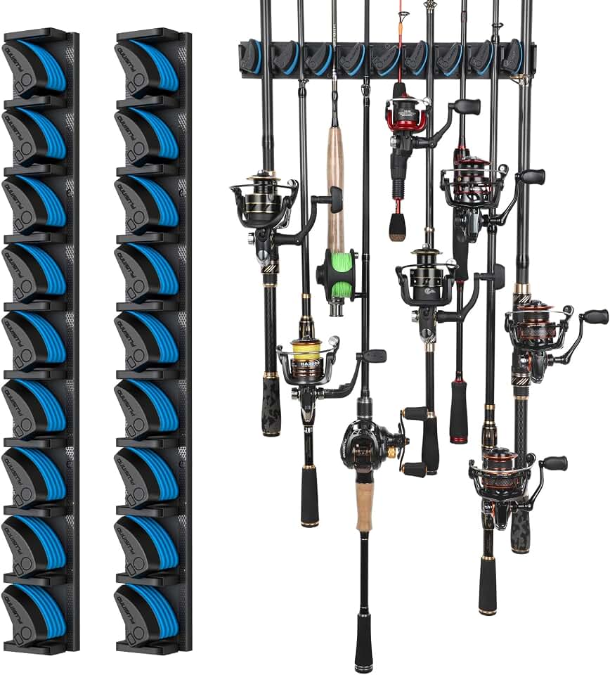 PLUSINNO V9 Fishing Rod Holder, Wall Mount Fishing Pole Holder for 9 Rods | 2 packs Vertical Fishing Rod Rack for 18Rods &amp; Combos, Fishing Rod Holders for Garage,Fishing Gear, fishing Gifts for Men