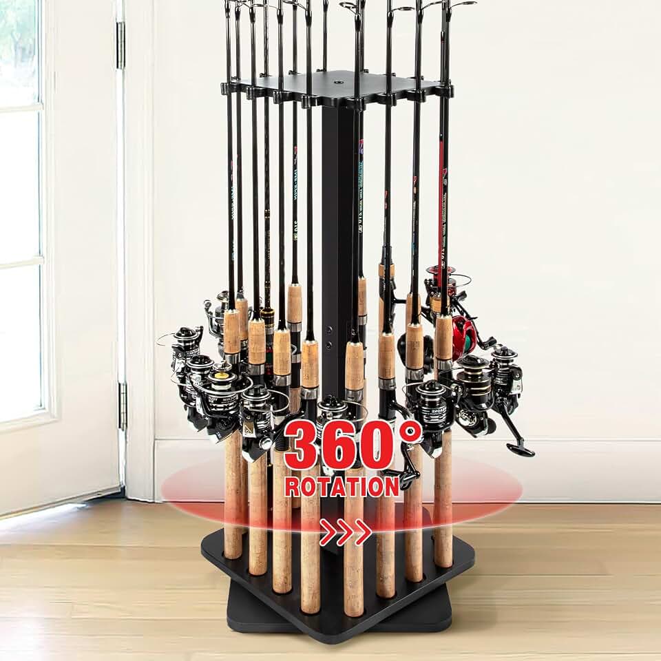 Ghosthorn Rotating Fishing Rod Holder for Garage,Wood Floor Pole Rack Black | 360°Rotation Pole Rack Keeps 16 Rods Tidy,Durable Stable Easy Assembly Fishing Gear Storage Saveing Space for Garage &amp; Boat