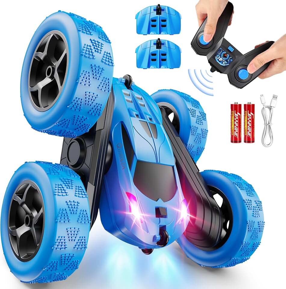 QUNREDA Remote Control Car, RC Cars Toys for Kids Ages 6-12, 4WD Stunt Car featuring LED Lights &amp; 360° Flips, 2.4GHz, Upgraded USB-C Modular Batteries, 8-10 Year Old Boys Birthday Gift 1-Blue ClimatePartner certified
