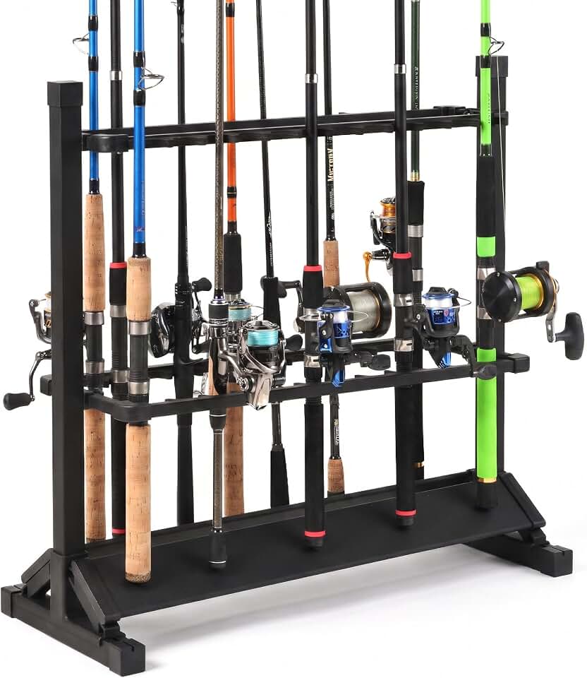 24-Rod Aluminum Fishing Rod Holder, Fishing Pole Holders for Garage (Black) | Rustproof Fishing Rod Rack with 360° Lockable Wheels, Fits Most Rods &amp; Golf Clubs,Fishing Gifts for Men