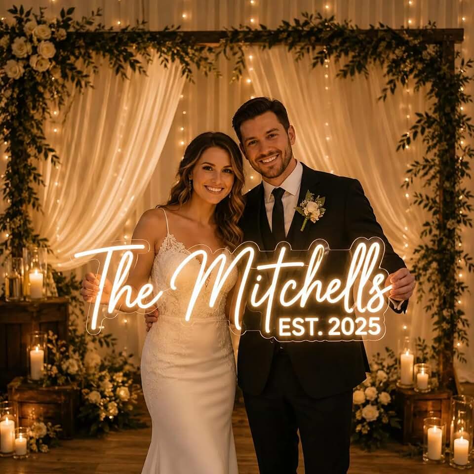 Wakklia Custom Wedding Neon Sign for Wall Decor, Personalized LED Name Sign, Neon Lights Sign for Wedding Reception, Bridal Shower, Bedroom, Party, Mr &amp; Mrs Last Name Light up Neon
