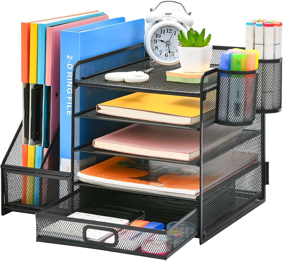 Marbrasse Desk Organizer with File Holder, 5-Tier Paper Letter Tray Organizer with Drawer and 2 Pen Holder, Mesh Desktop Organizer and Storage with Magazine Holder for Office Supplies(Black) Global Recycled Standard