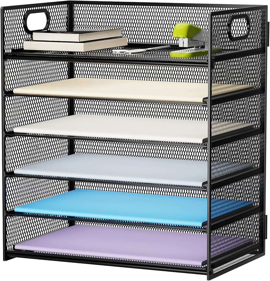Marbrasse 6 Tier Paper Organizer Letter Tray - Mesh Desk File Organizer with Handle, Paper Sorter Organizer for Letter/A4 Office File Folder Holder - Black Global Recycled Standard