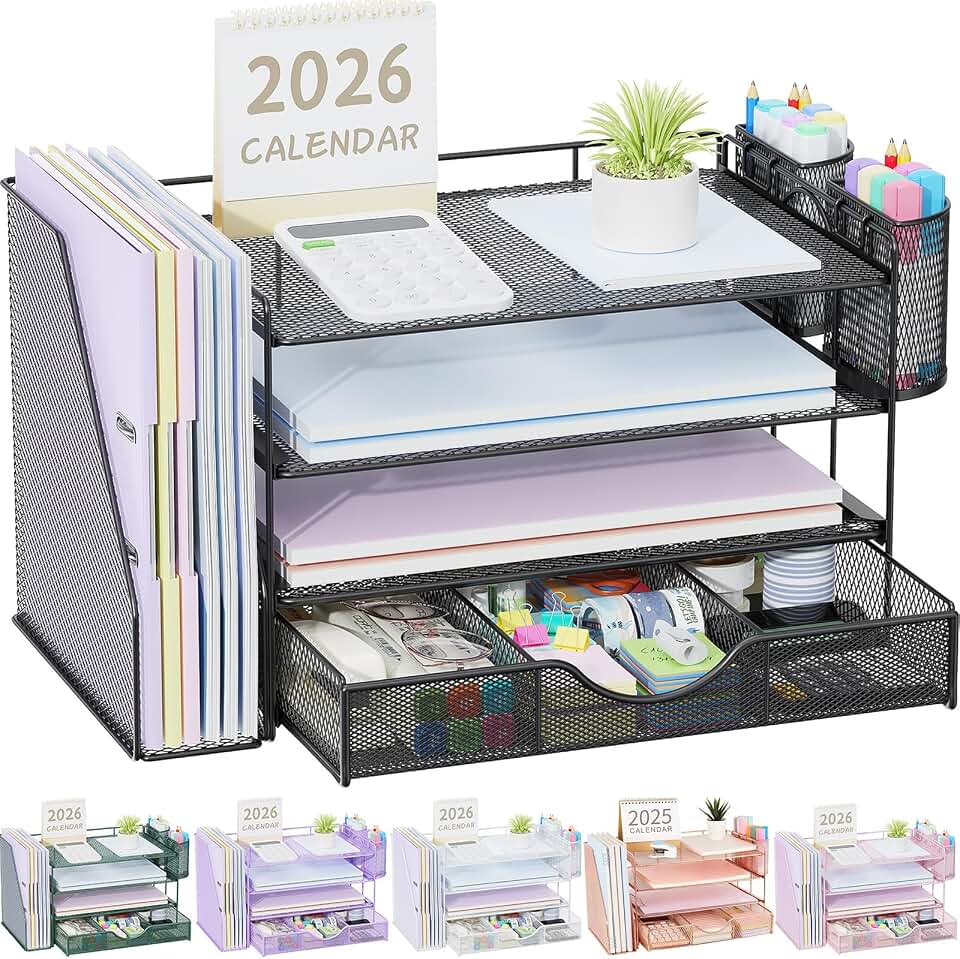 gianotter Metal Mesh Desk Organizers and Accessories with File Holder | 4-Tier with Drawer and 2 Pen Holder, Desk Accessories &amp; Workspace Organizers, Paper Organizer for Office Supplies (Black)