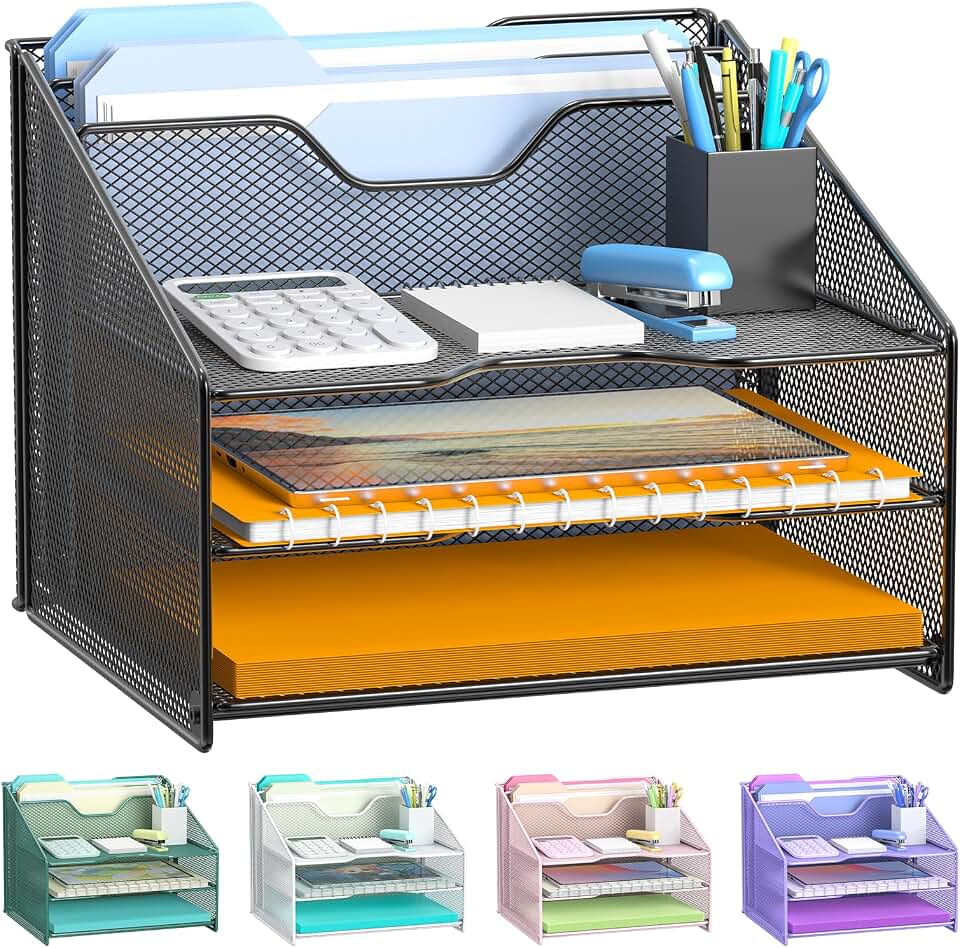 Samstar Desk File Organizer, Mesh Letter File Folder Holder with 3 Paper Trays and 2 Vertical Upright Section, for Office Supplies,Desk Accessories &amp; Workspace,Black.