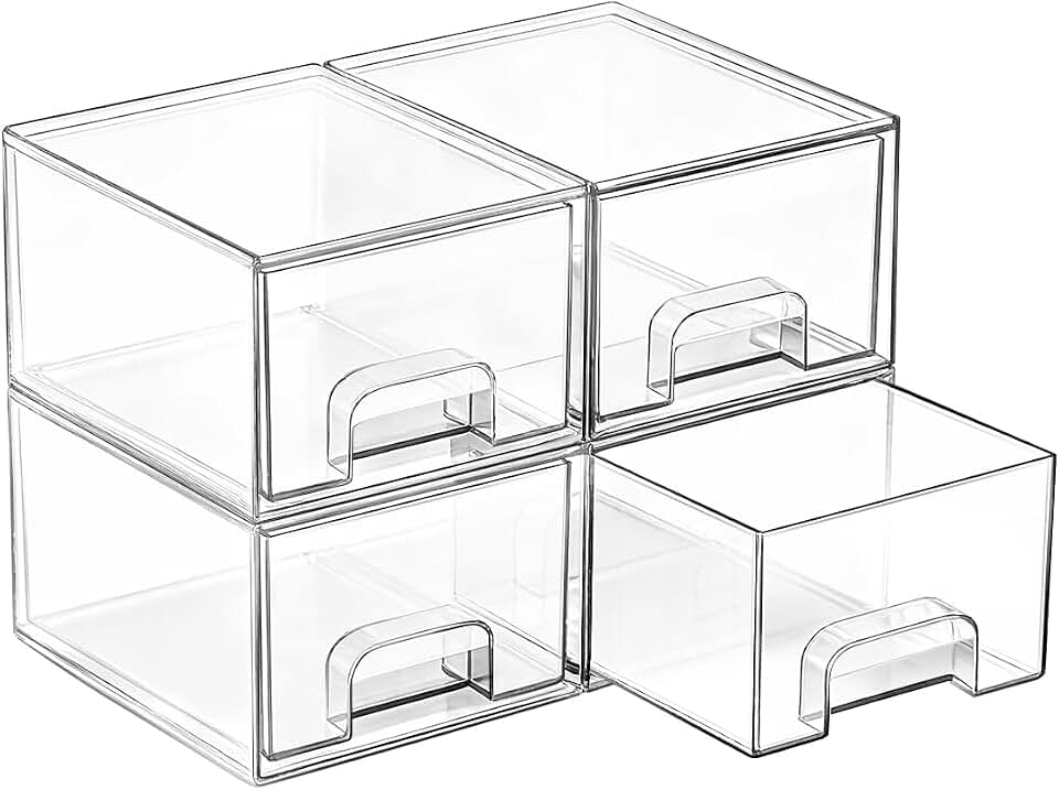 Vtopmart 4 Pack Small Clear Stackable Storage Drawers, Fits Narrow Spaces | Multi-Use Plastic Bins for Bathroom Cabinet Organizer, Makeup, Desk, Vanity, Undersink, Medicine ,Keeps Small Items Organized ClimeCo Certified