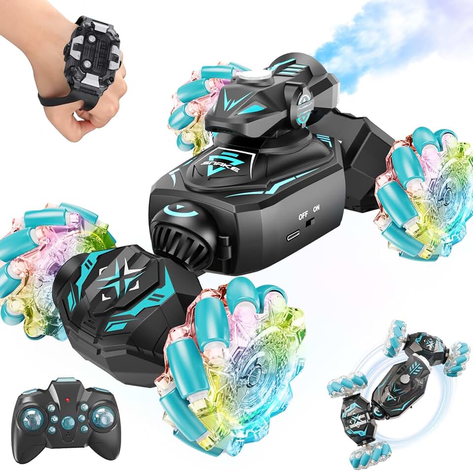 Gesture Sensing Remote Control Car, RC Car Toys for Boys Age 6-12, 4WD Hand Controlled Twist &amp; Transform 360° Spins Stunt Car with Mist, Light &amp; Music, 8-10 Year Old Boys Birthday Gift Blue