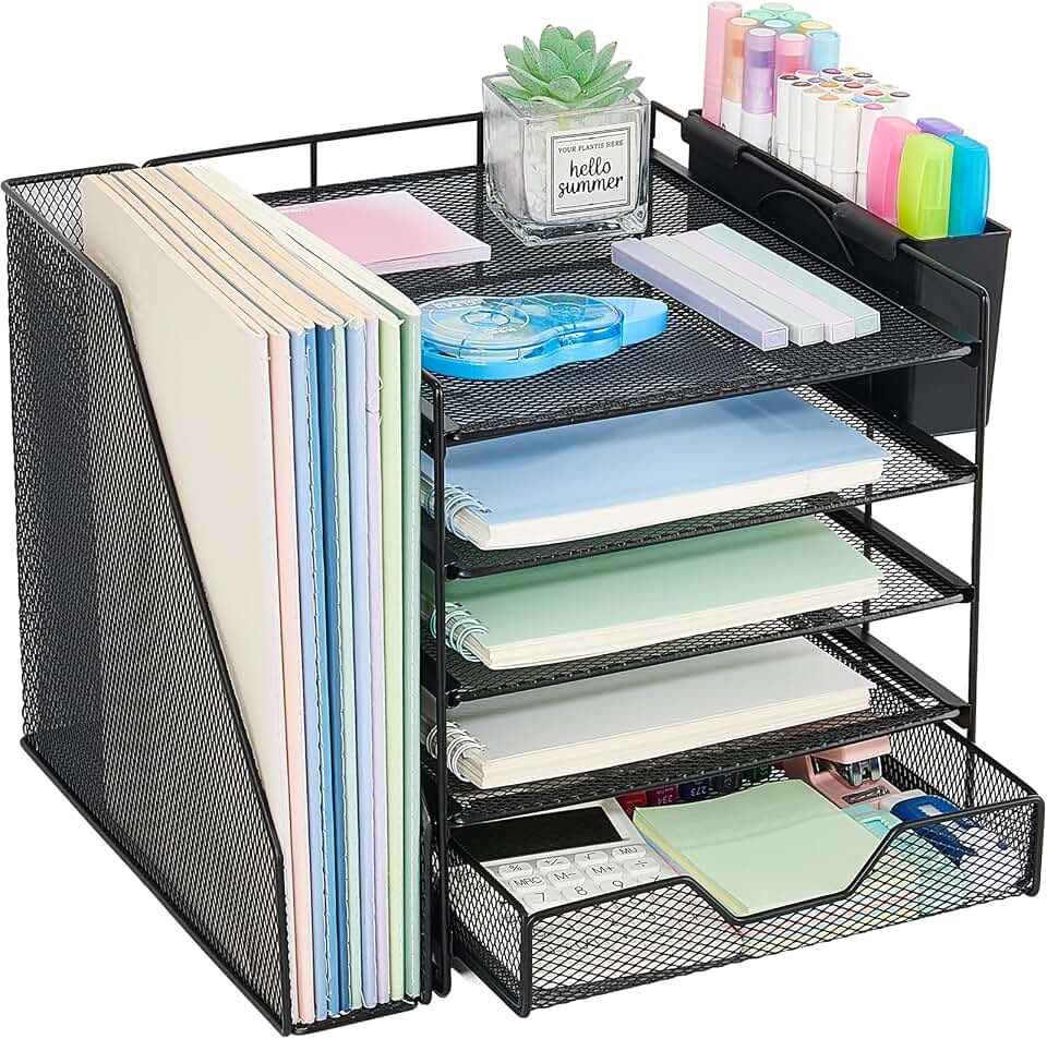 5-Tier Desk File Organizer with Drawer &amp; Pen Holder (Black) | Desk Organizers and Accessories, Office Desk Accessories &amp; Workspace Desktop Organizers for Classroom, Home, Office Supplies
