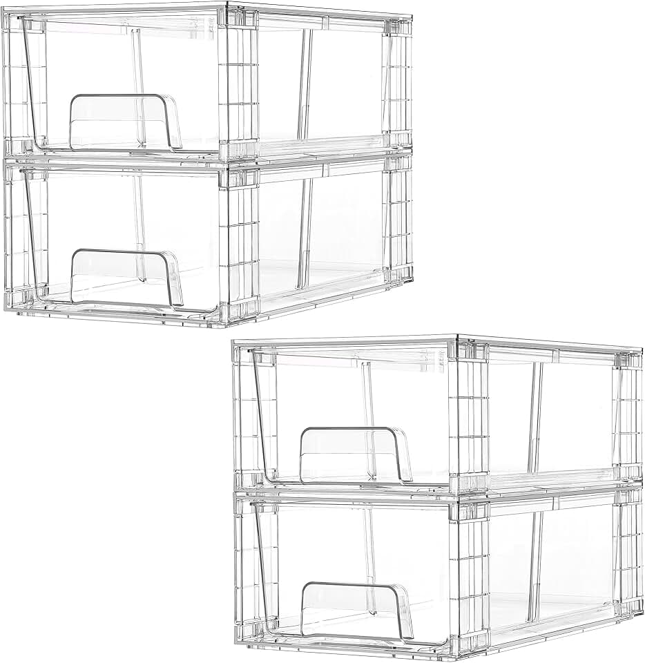 Vtopmart 4 Pack Stackable Clear Drawer with Dividers | Easy Assembly, Stackable Storage, Removable Dividers, Non-Slip Design, For Fridge, Under Sink, Pantry &amp; Bathroom ClimeCo Certified