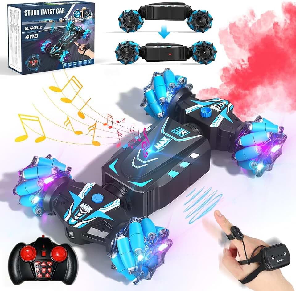 Axirata Remote Control Car Hand Controlled Gesture Sensing RC Stunt Car | RC Twist Car with Spray &amp; Lights &amp; Music for Kids 6-13 Years Old 4WD 2.4GHz Off-Road 360° Rotation Toy Car Gift for Boys Girls