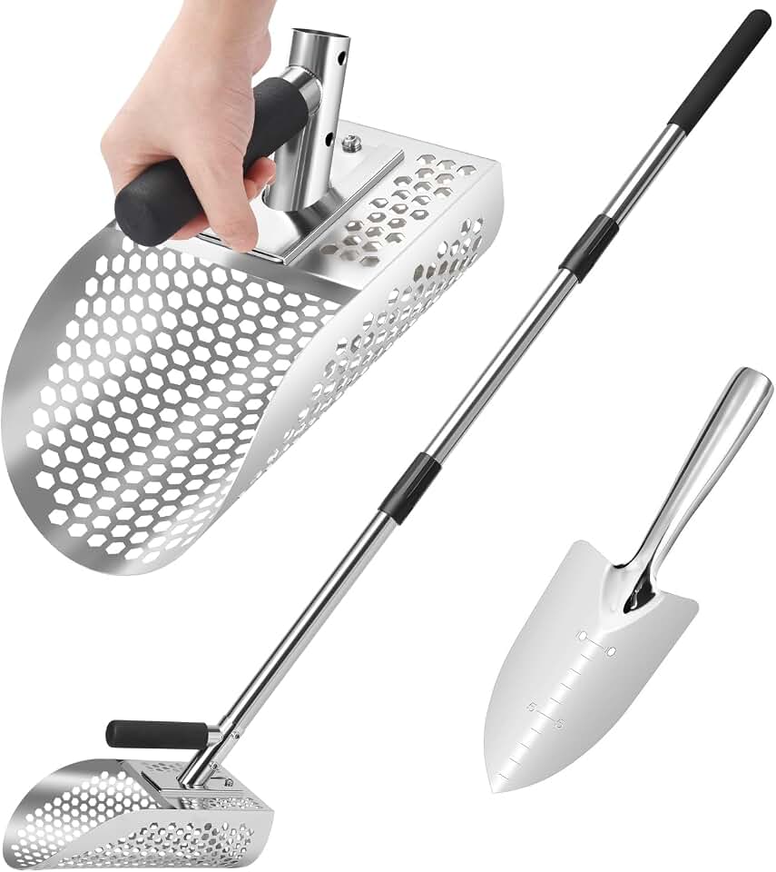 GADFISH Sand Scoop for Metal Detecting, Metal Detector Scoop, Stainless Steel Sand Sifter Shovel, Fast Sifter Shovel for Underwater Treasure Hunting (Stainless Steel)