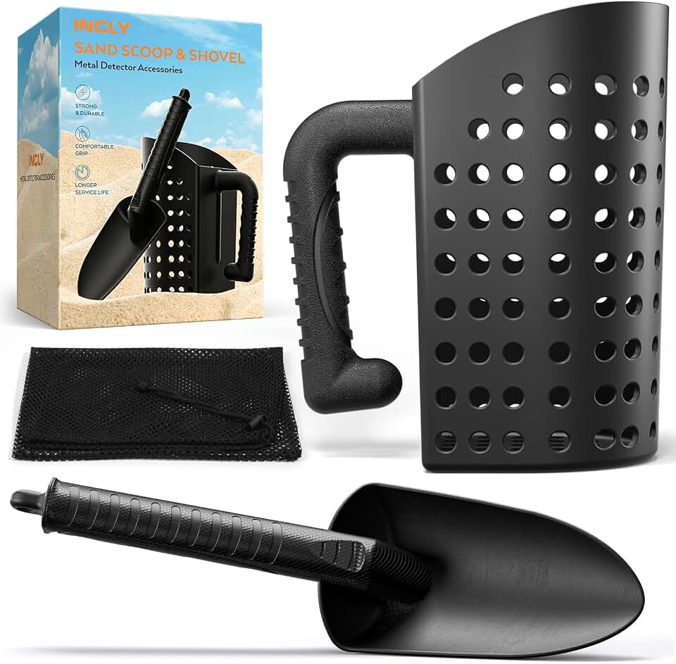 INCLY Sand Scoop &amp; Shovel for Metal Detecting, Metal Detector Accessories | Sand Sifter &amp; Shovel for The Beach &amp; Treasure Hunting &amp; Digging, Metal Detector Scoop for Kid &amp; Adult, Black, with Mesh Bag