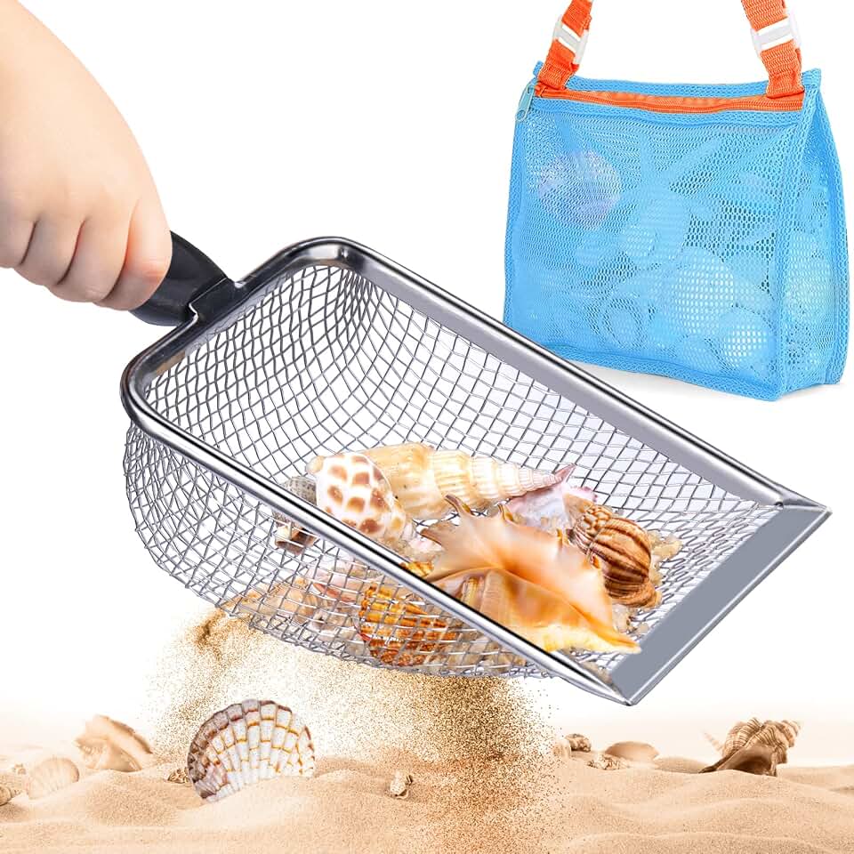 Vodolo Beach Mesh Shovel with Mesh Beach Bag for Shell Collecting, Kids Filter Sand Scooper for Picking Up Shells, Shark Tooth Sifter Dipper for Boys and Girls, Toy