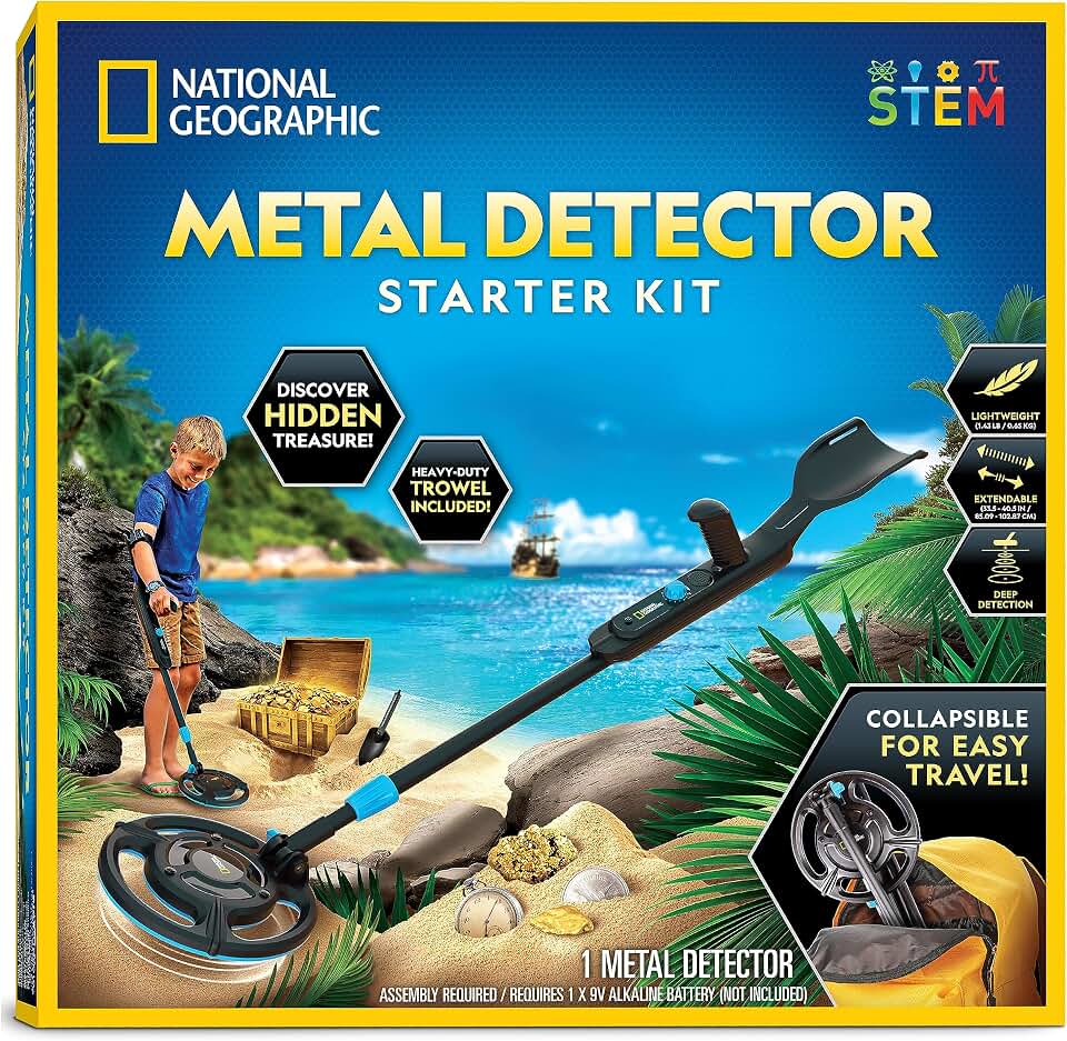 National Geographic Starter Metal Detector Kit for Kids Ages 8-12 | 7.4-Inch Waterproof Coil, Adjustable Design, Trowel Included, Lightweight Detector, Beach Treasure Hunting, Birthday Gift