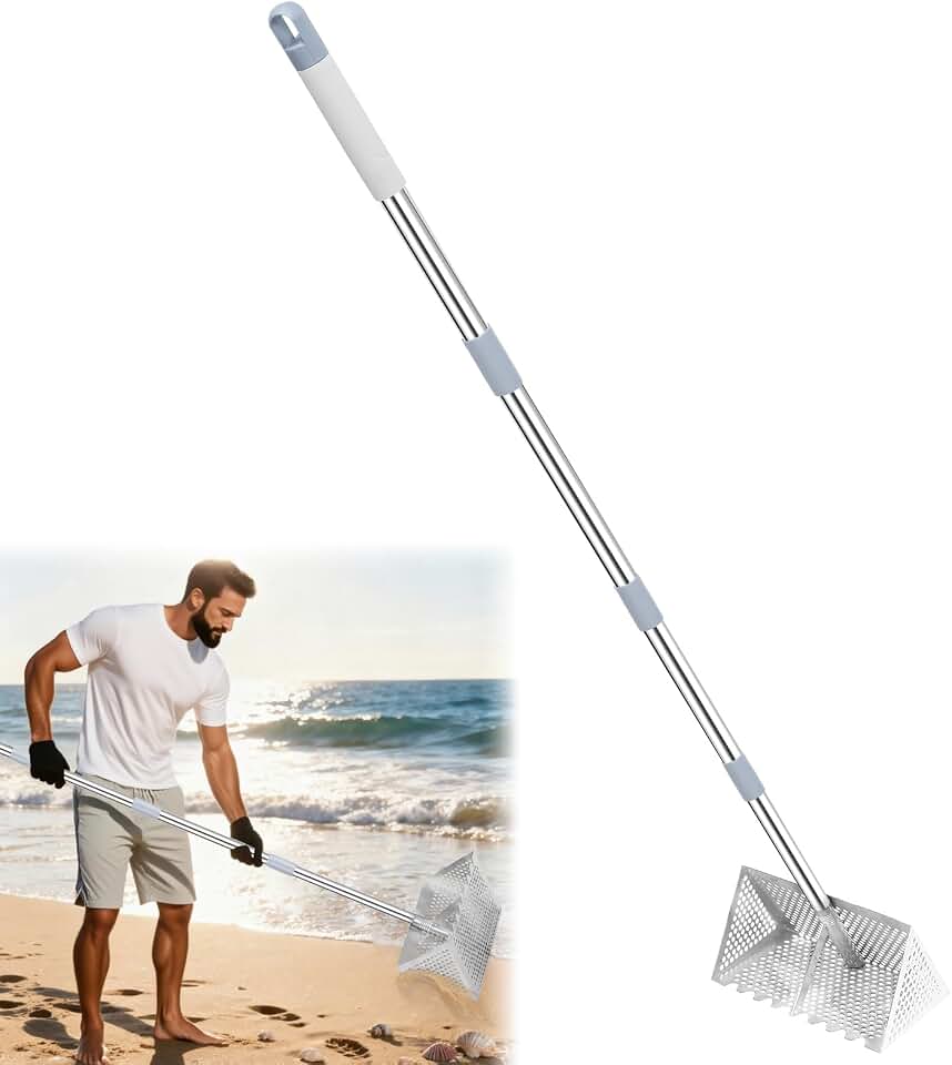 Sand Flea Rake, 65" Long Handle Stainless Steel Sand Sifter for The Beach | 13" Wide Sand Flea Beach Rake &amp; Shark Tooth Sifter, Seaside Collecting Sand Fleas, Shark Teeth, Seashells &amp; Marine Treasures