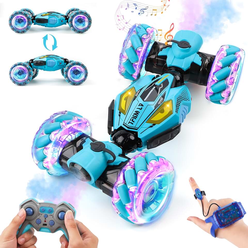 Gesture Sensing RC Stunt Car, 4WD Remote Control Toy with Dual Spray | 2.4GHz All-Terrain Off-Road Vehicle featuring Lights &amp; Music, Boys Toys Age 6 -12 Year Old for Birthday Gifts