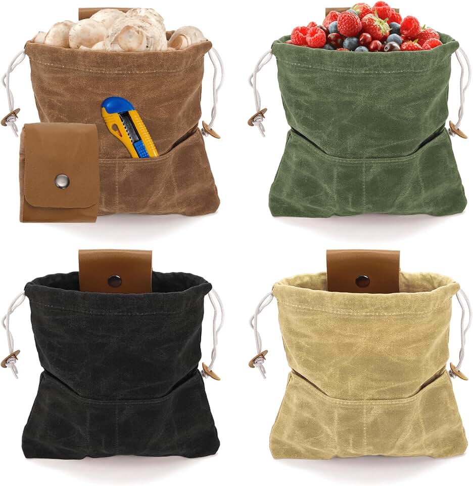 Youeon 4 Pcs Waxed Canvas Foraging Bag Set, Collapsible Mushroom Hunting &amp; Camping Pouches with 2 Small Pockets, Multi-Use Leather Belt Bag for Outdoor Hiking, Tool Storage, 4 Colors