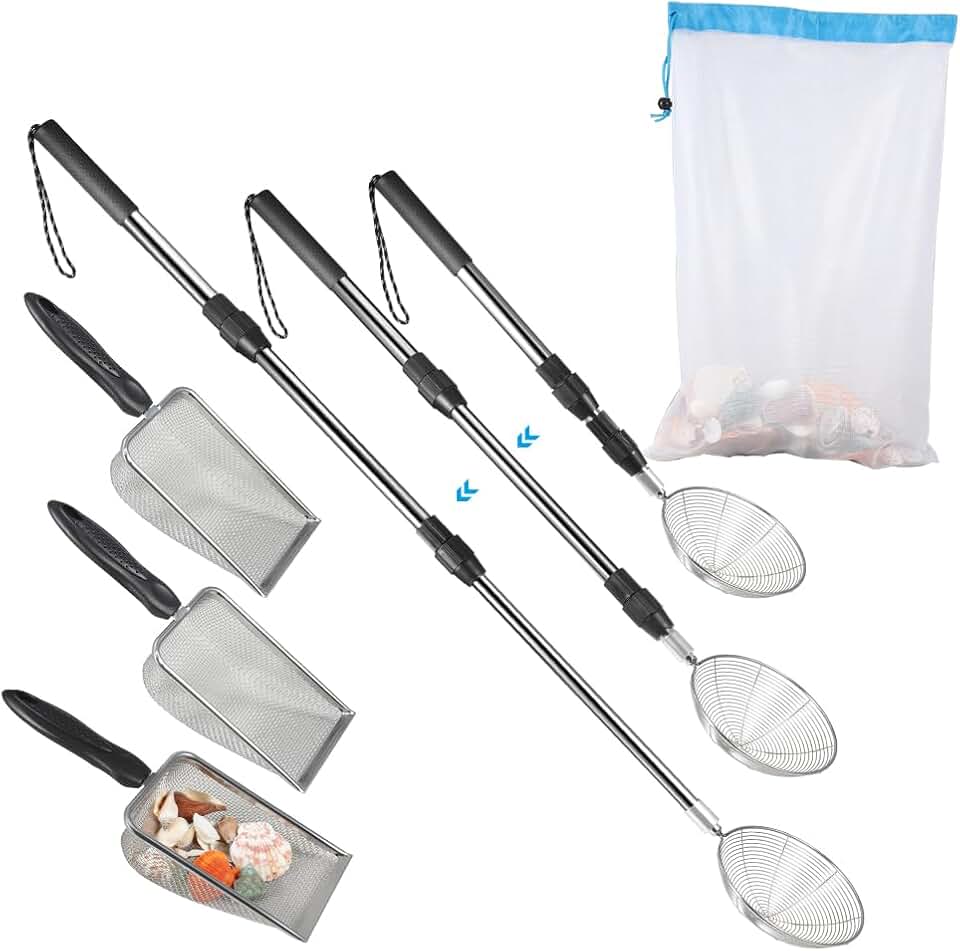 Beach Sand Sifter, 3 Beach Sifting Sand Telescoping Pole Sets with Scoops, Baskets, Mesh Bag, for Picking Up Shells Shovels Shark Teeth