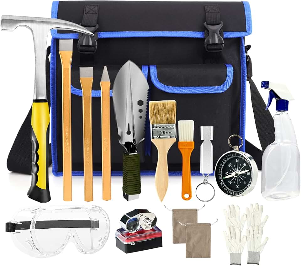17PCS Geology Rock Pick Kit Rockhounding Equipment 32oz Hammer | 3 PCS Steel Chisels Carrying Pack Magnifier Safety Glasses Gloves Shovel for Rock Hounding Gold Mining Prospecting Equipment