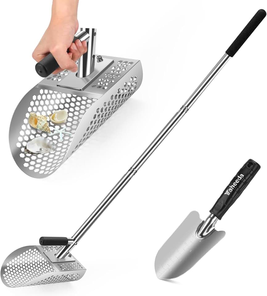 Long Handle Sand Scoop with Shovel for Metal Detecting, Metal Detector at Beach,Heavy Duty Stainless Steel Metal Detecting Tool,Treasure Finds Scoop, Digging Shovel Fast Sifting