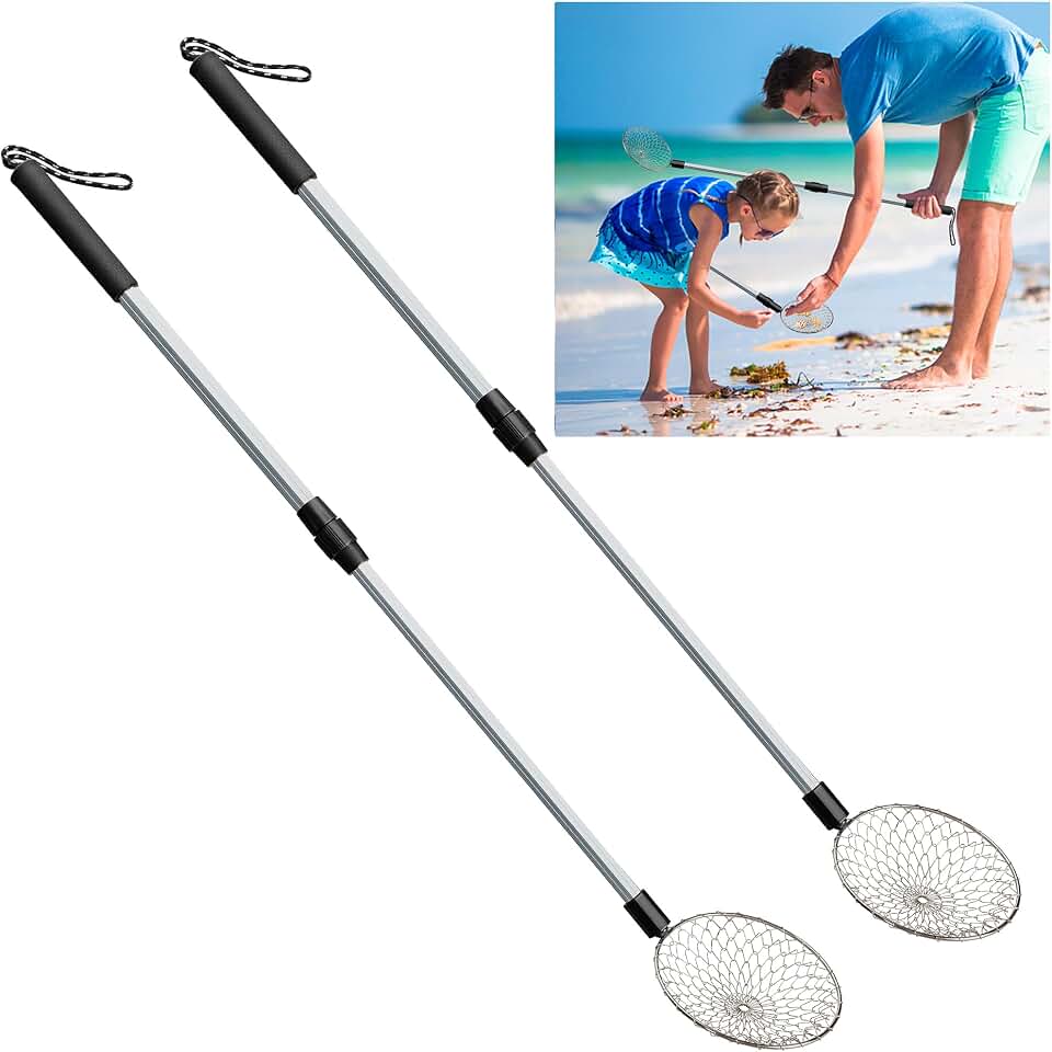 2 Pack 5.3" Beach Sand Sifter, 22" to 35" Adjustable Shark Tooth Sifter | Sand Scoop Shell Scooper for Beach, Beach Scoop Shovel and Sifter Tool for Picking Up Shells Beachcombing &amp; Rock Hunting