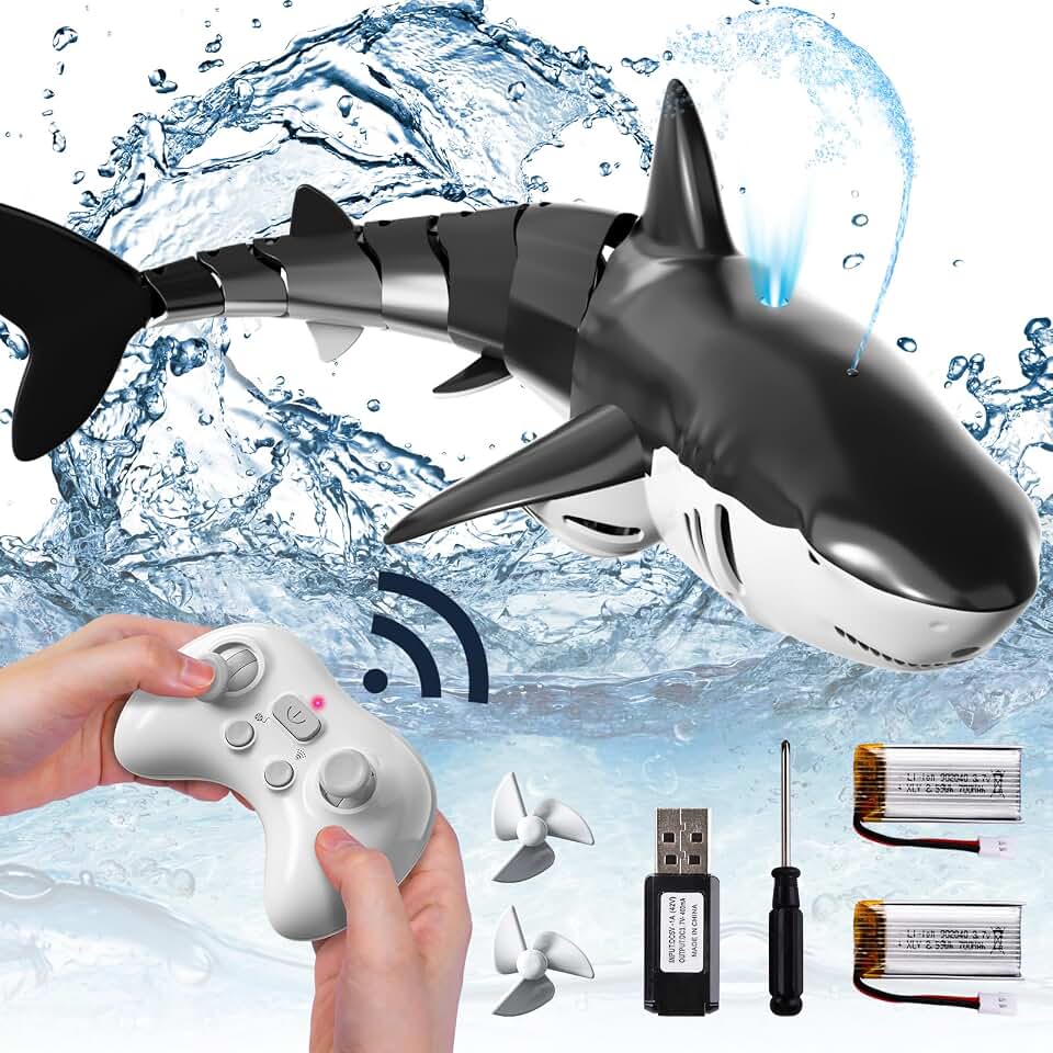Bennol 2.4Ghz Remote Control Shark Toys for Boys Kids, 1:18 Scale High Simulation Shark for Pool, Electric RC Sharks Fish Toys with Light &amp; Spray Water Function for 6 7 8 9 Year old Kid Boys