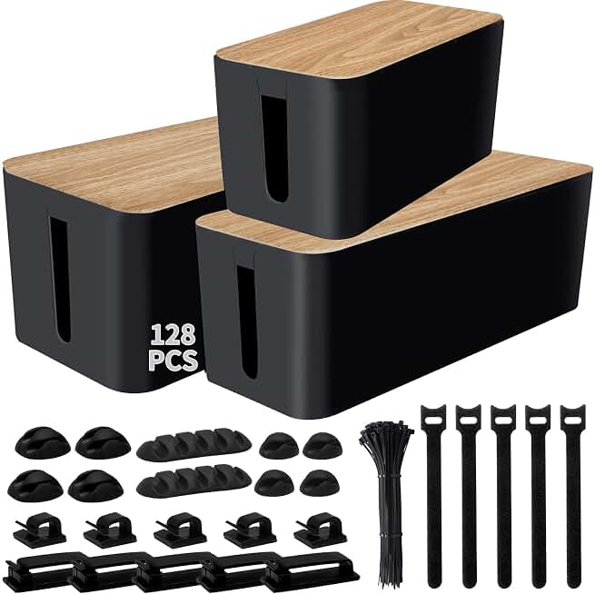 128PCS Cable Management Box 3Pack Cable Management Kit for Power Strip to Hide Wires,Cord Hider Boxes,Cord Box Safe ABS Material Wire Organizer of Cable Clips Sleeve for Home &amp; Office, Black