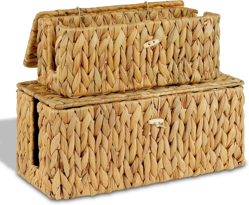 efluky 2 Pack Water Hyacinth Floor Cord Covers with Lid, Hand-woven Cable Management Box, 2 Open Slots Cord Box to to Hide USB Wire, Power Strip &amp; Charger for Home &amp; Office and Dorm, Natural