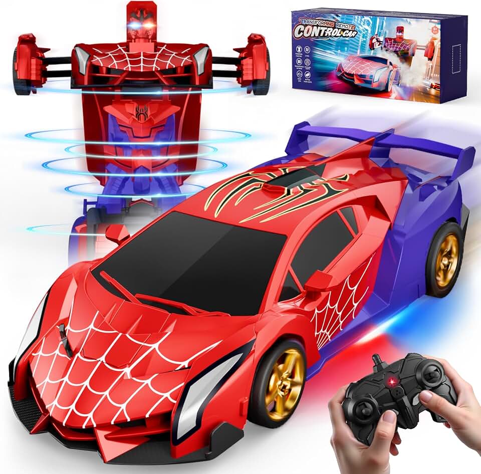 Spider Transform RC Cars Toys with Eye &amp; Underbody Lights, 2.4GHz Remote Control Car One-Button Deformation, Fast 360°Rotation Robot Toys Birthday Gifts for 3 4 5 6 7 8 9 10 Year Old Boys Ages 4-7 8-12