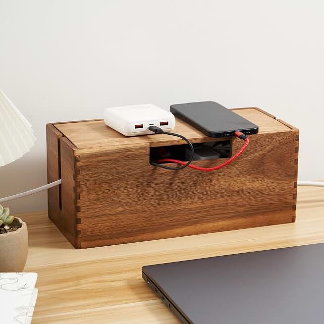 LiTY Acacia Wood Cable Management Box, Wooden Cord Hider &amp; Organizer for Power Strip, Electrical Hiding, TV Wires, Desk &amp; Floor Cables - Office Under Desk Cable Storage Box for Wire