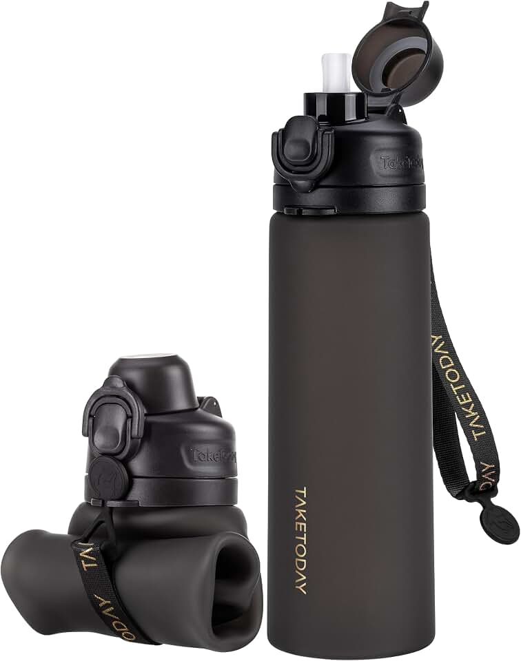 TakeToday Collapsible Water Bottles 21oz (600mL), Foldable Platinum Silicone Travel Water Bottle with Straw &amp; Carry Strap, Leak-Resistant Screw Lid, Wide Mouth, BPA-Free for Hiking, Camping, Travel Global Recycled Standard