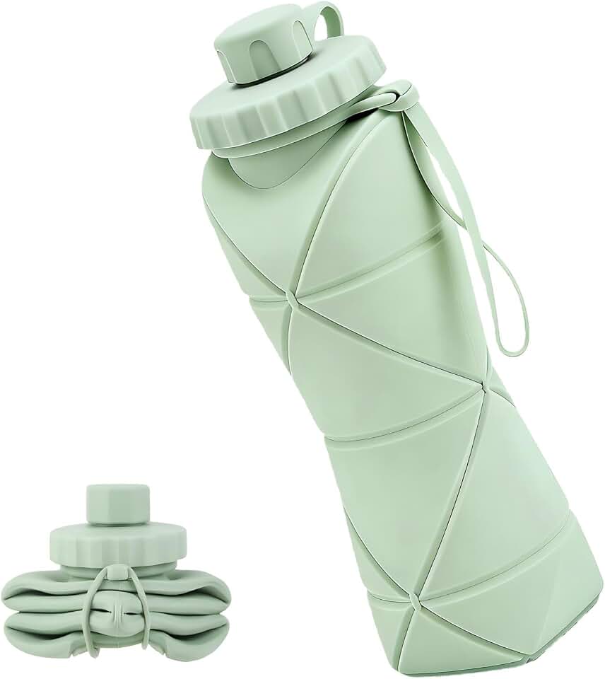 Collapsible Water Bottles 20oz (600ml), BPA-Free Silicone Foldable Portable Lightweight Reusable Water Bottle with Leak-Proof Lid &amp; Lanyard for Outdoor Travel Cycling Gym &amp; Camping