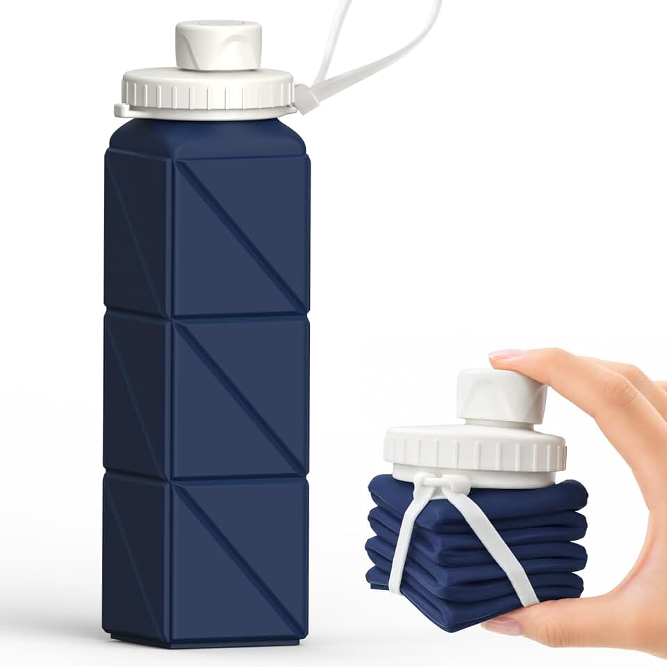 BEAUTAIL Collapsible Water Bottles 21oz/610mL, Silicone Travel Water Bottle | BPA Free, Leakproof &amp; Reusable, Foldable Water Bottle for Traveling, Hiking, Gym, School, Sports, Outdoor, 1-Pack, Dark Blue Recycled Claim Standard Blended