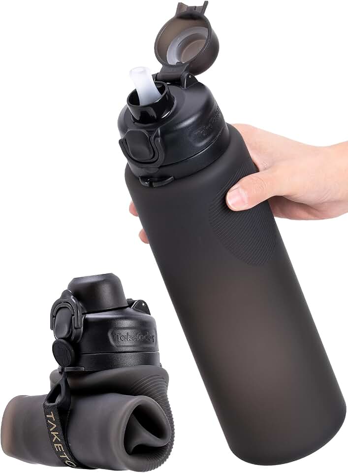 TakeToday Collapsible Water Bottles, Foldable for Travel, 32oz, Black | Compact Foldable Travel Bottle with Straw, TSA-Approved Leakproof Silicone, BPA-Free for Hiking &amp; Outdoors Global Recycled Standard
