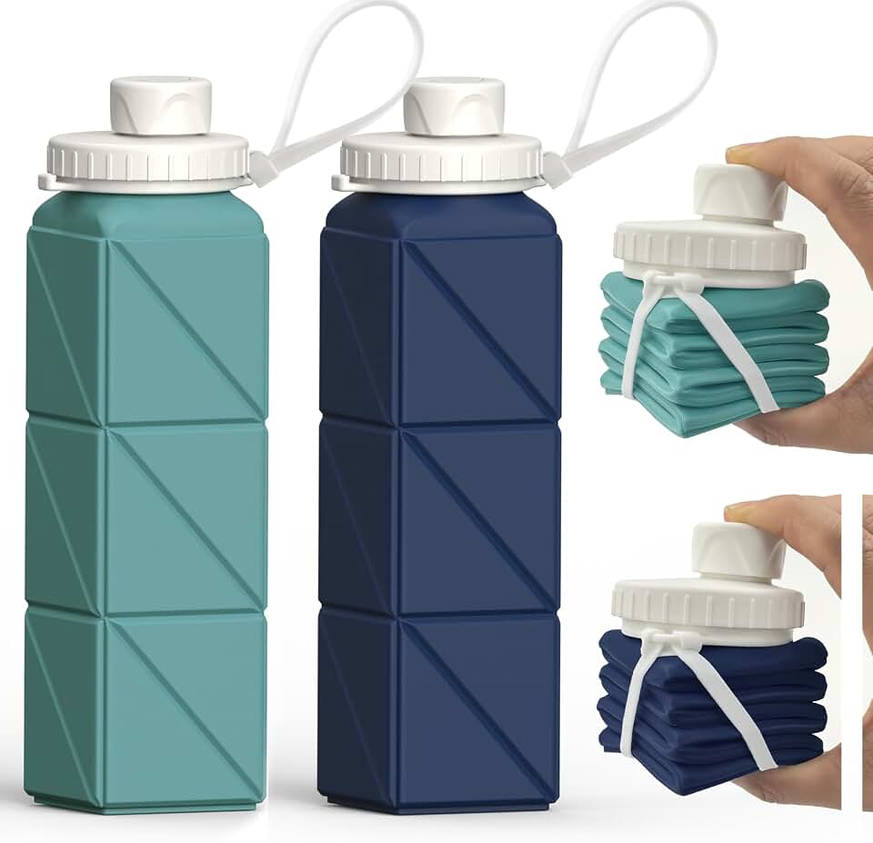 Collapsible Water Bottles 2 Pack, 21oz/610mL, Silicone Travel Water Bottle | BPA Free, Leakproof &amp; Reusable, Foldable Portable Water Bottle for Traveling, Hiking, School, Sports, Outdoor (Blue+Darkblue) Recycled Claim Standard Blended