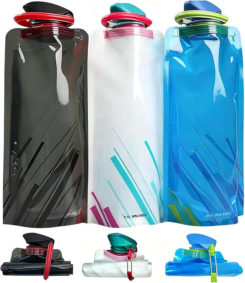 Jinora 3 Pack Collapsible Water Bottles for Travel – 23oz Foldable Water Bottle with Carabiner,Leakproof BPA-Free Water Jup, Portable Reusable Water Bottle for Hiking,Sports,Camping,Biking