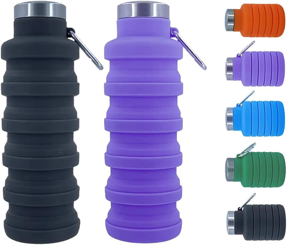 Collapsible Water Bottles 2 pack 17oz (Black+Purple) | BPA Free Travel Silicone Water Bottle with Carabiner, Reusable Foldable Portable Sports Bottle for Travel Camping Hiking