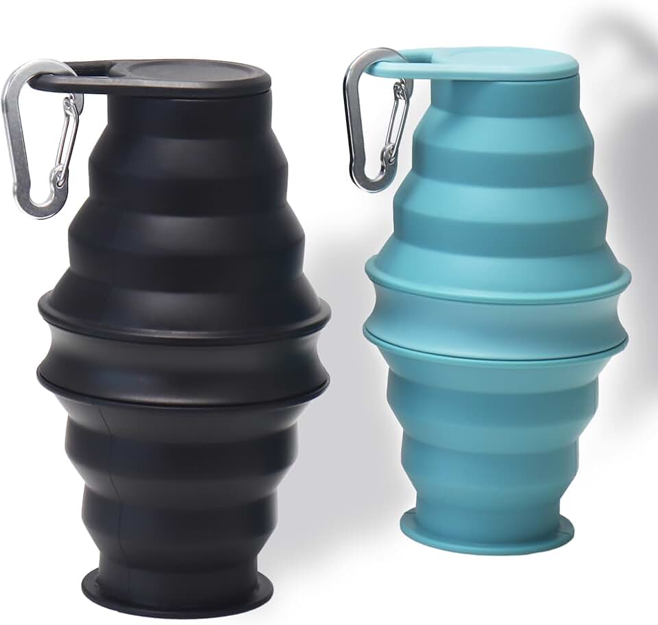 Collapsible Water Bottles 2 Pack 17 oz Silicone Foldable Travel | Portable, Reusable, 500 ml, with Carabiner, for Sport, Hiking, Camping, Running, Black, Blue