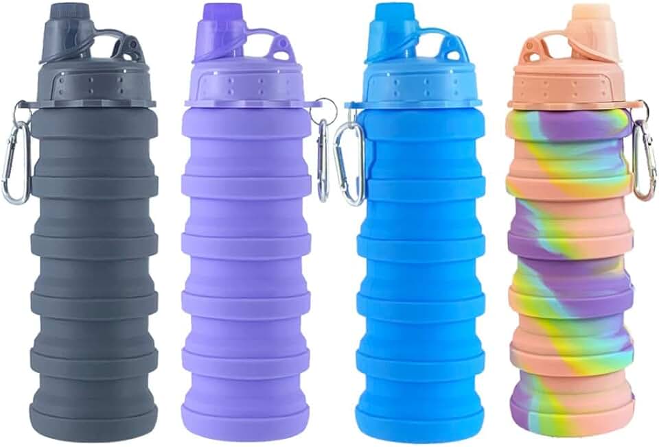 Collapsible Water Bottles 4 pack 500ML (Black+Purple+Blue+Pink) | Travel Water Bottle Portable Hiking Water Bottle with Leak proof Reusable BPA Free Silicone Water Bottles.