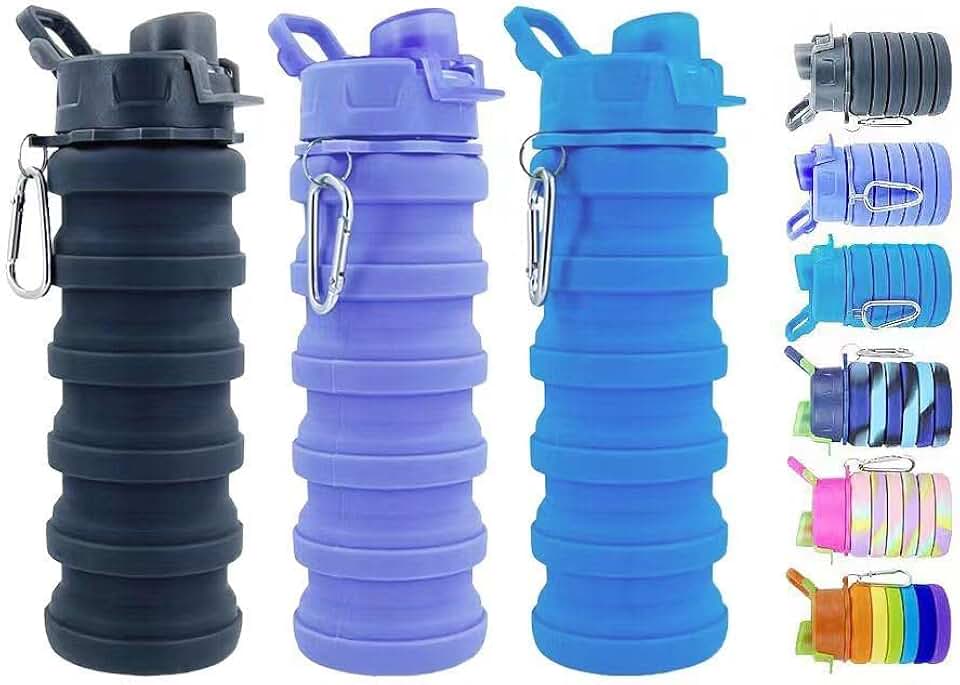 Collapsible Water Bottles 3 Pack 500ml (Black+Purple+Blue) | Silicone Water Bottle with Carabiner BPA Free Expandable Water Bottle Portable Sport Water Bottle for Travel Camping