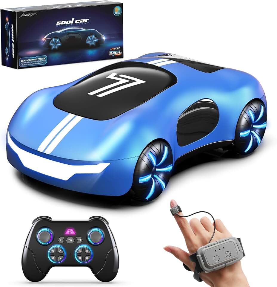 AEROQUEST Gesture Control RC Stunt Car, Remote Control Car for Boys Gifts | 2.4GHz 50 Mins Playtime USB-C Charging Mist Spray &amp; LED Lights 360° Spinning Rotation Toy Car for Kids Ages 6‑12 Azure