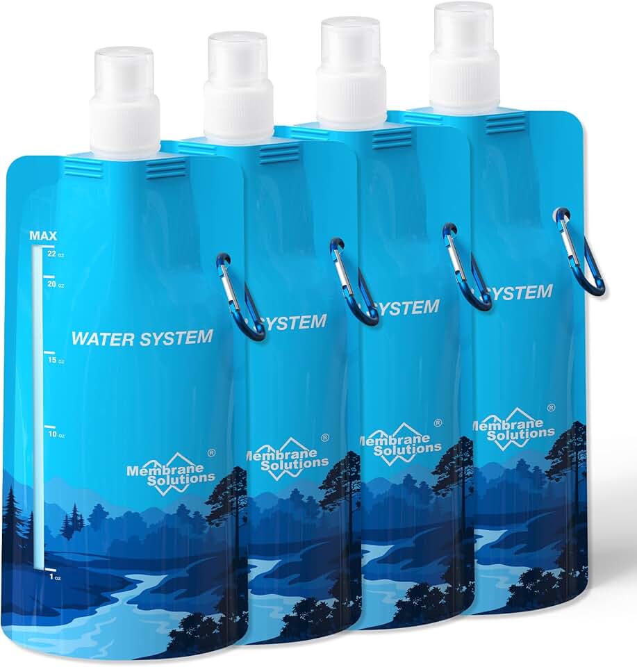 Membrane Solutions Collapsible Water Bottle 23oz with Carabiner | Foldable Pounch Water Filtration System, BPA-Free, Leakproof for Camping Hiking Cycling Yoga Sports Outdoor Essentials